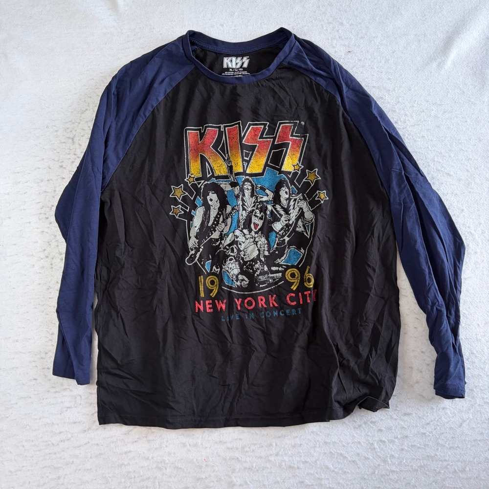 KISS Graphic Baseball Tee Mens XL Black Blue Raglan Long Sleeve 1996 NYC Concert